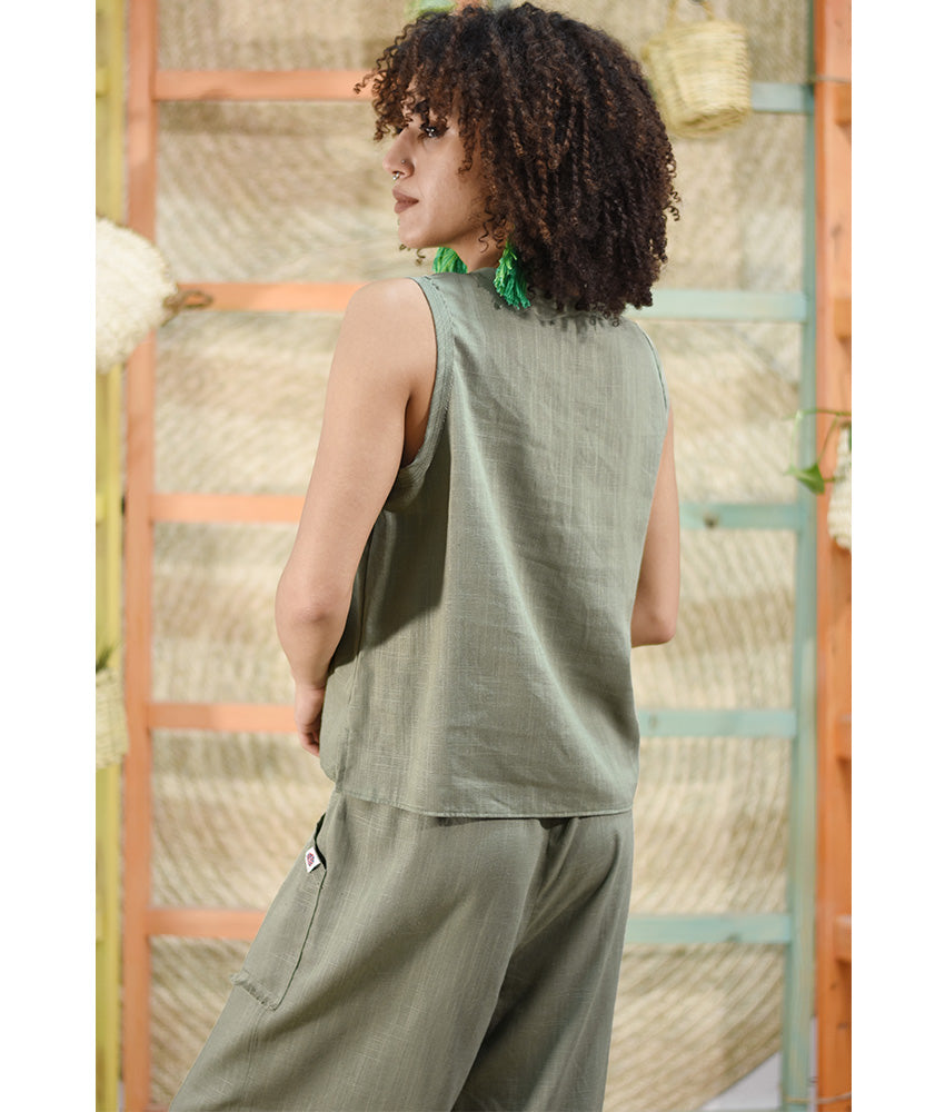 Olive green Linen top made in Egypt & available in Jozee boutique