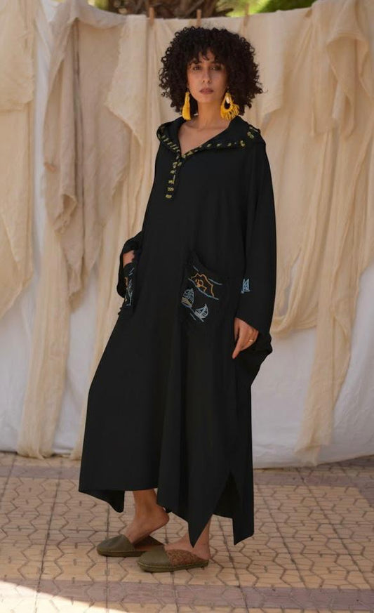 Black Hand Embroidered Linen Kaftan with Hoodie handmade in Egypt & available at Jozee Boutique.