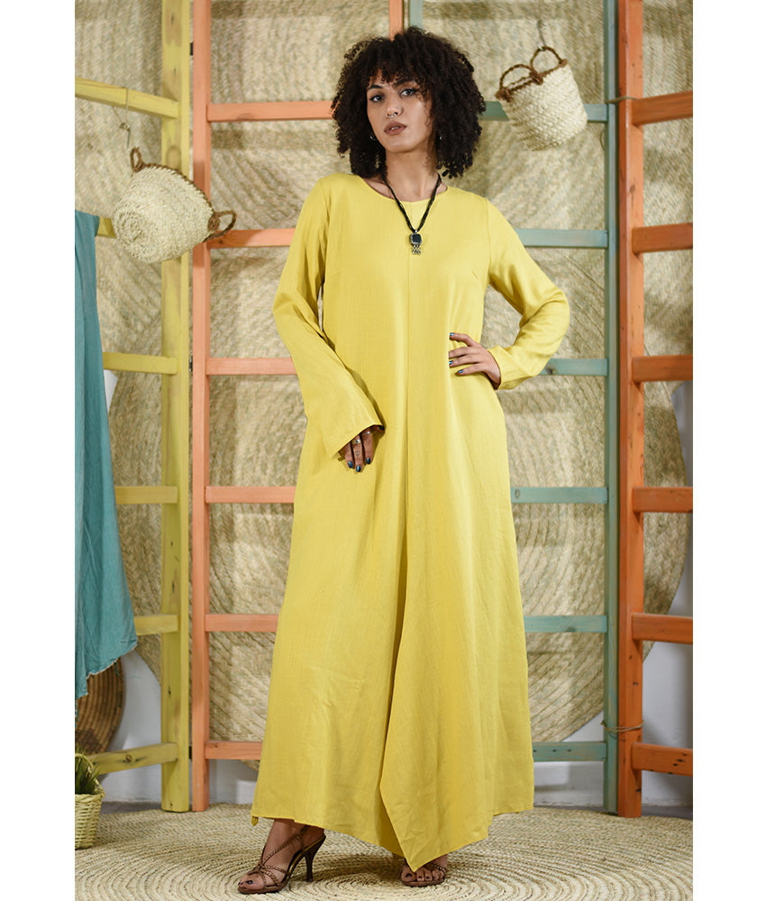 yellow Linen Tent Dress With Side Buttons handmade in Egypt & available at Jozee boutique