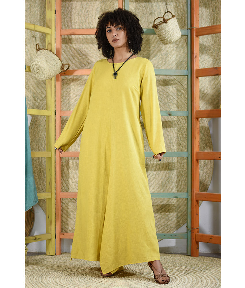 yellow Linen Tent Dress With Side Buttons handmade in Egypt & available at Jozee boutique