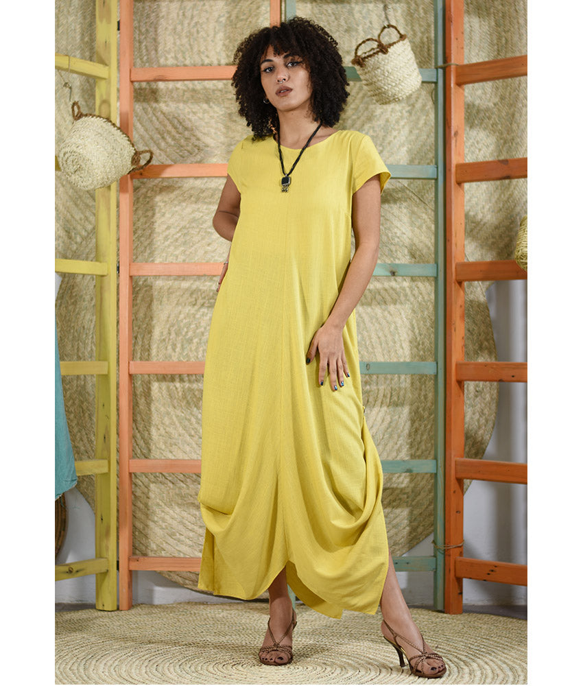 yellow Linen Tent Dress With Side Buttons handmade in Egypt & available at Jozee boutique