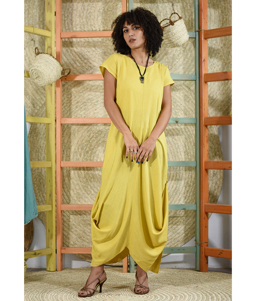 yellow Linen Tent Dress With Side Buttons handmade in Egypt & available at Jozee boutique