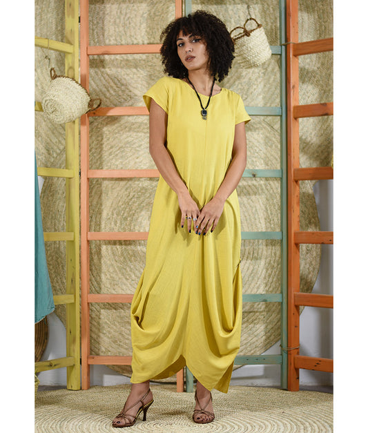 yellow Linen Tent Dress With Side Buttons handmade in Egypt & available at Jozee boutique