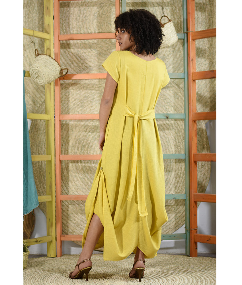 yellow Linen Tent Dress With Side Buttons handmade in Egypt & available at Jozee boutique