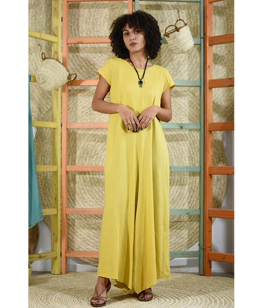 yellow Linen Tent Dress With Side Buttons handmade in Egypt & available at Jozee boutique