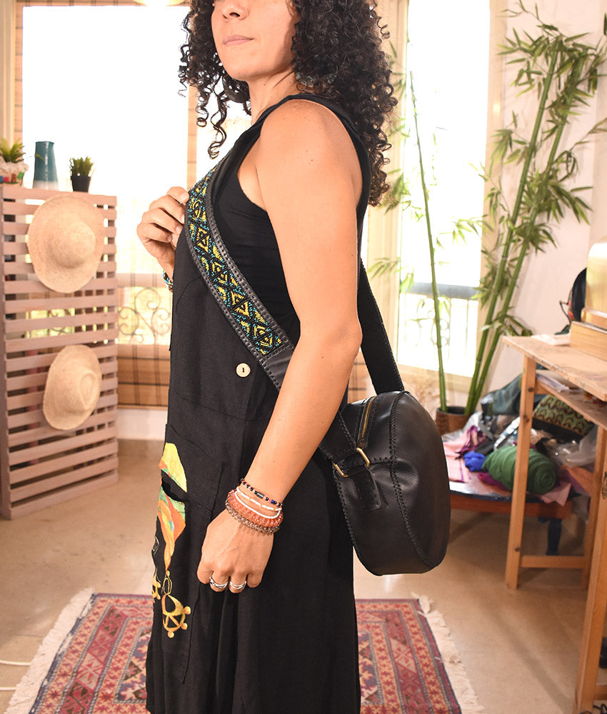 Black Leather Circle Cross Bag Handmade in Egypt & available at Jozee Boutique