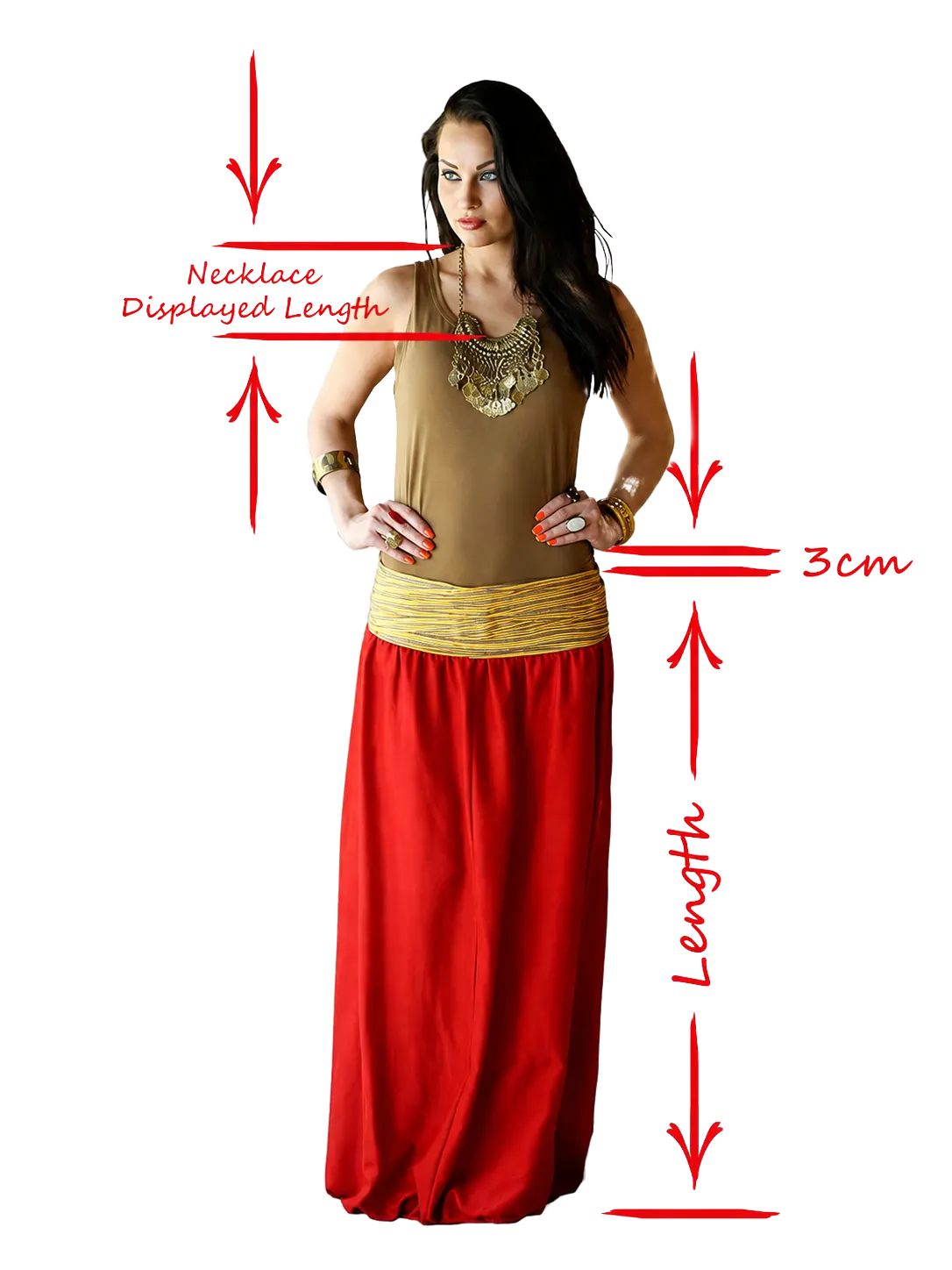 Visual guide for necklace displayed length, waistband height, and garment length