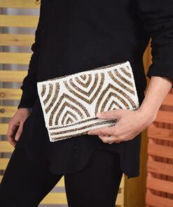 White & Gold Beaded Clutch handmade in Egypt & available at Jozee Boutique.