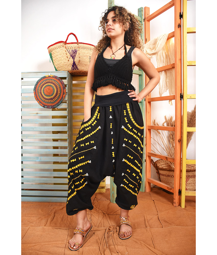 Black Siwa Embroidered Linen Harem Pants - Jozee Boutique