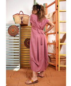 Dark Rose Lantern Linen Dress with Short Sleeves Jozee Boutique