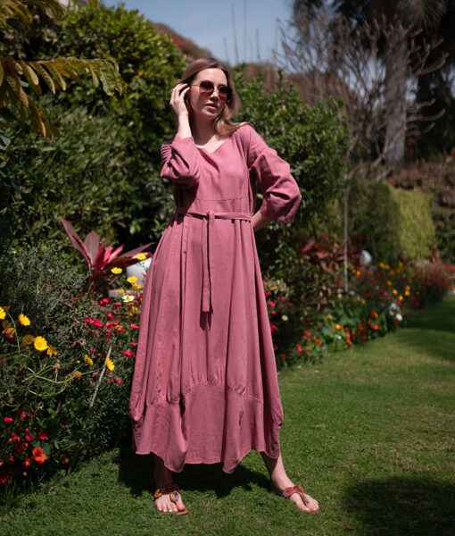 Dark rose Lantern Linen Dress with short Sleeves handmade in Egypt & available at Jozee boutique