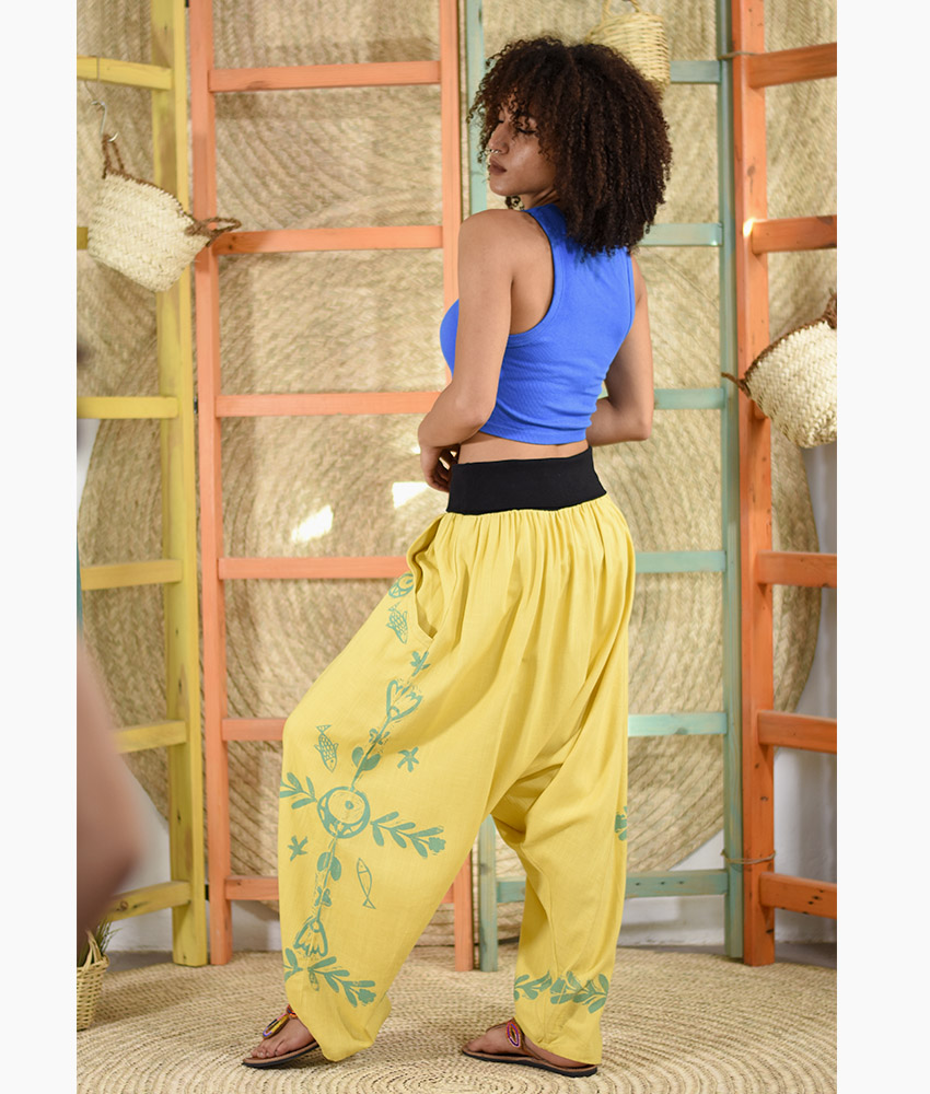 Yellow Linen Block Printed Harem Pants