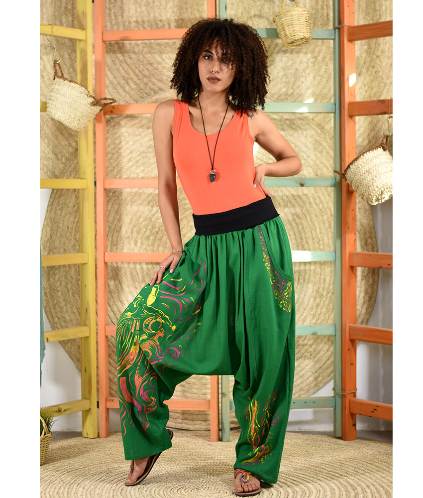 Green Linen Sufi Hand Printed Harem Pants - Jozee Boutique