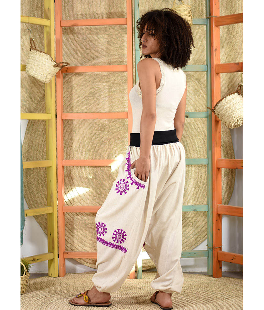 Off White Siwa Embroidered Linen Harem Pants - Jozee Boutique