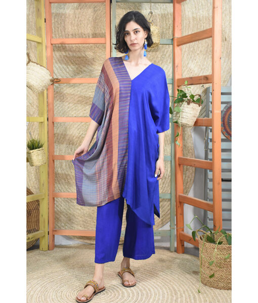 Multicolored & blue Handwoven Viscose midi Kaftan Handwoven Viscose Top made in Egypt & available in Jozee boutique