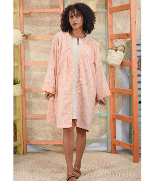 Saumon Block printed Cotton Kimono Handmade in Egypt & available at Jozee Boutique