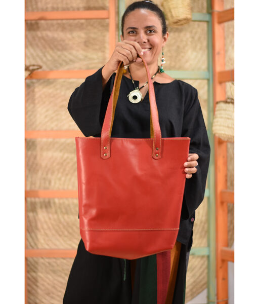 Red Genuine Leather hand bag handmade in Egypt and available at Jozee Boutique.