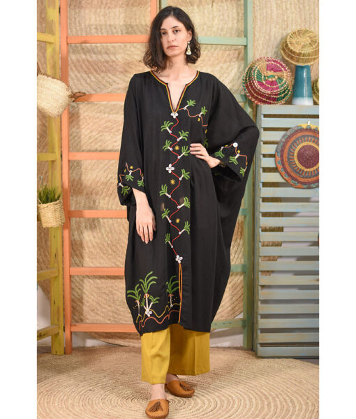 Black Siwa Embroidered Linen Kaftan handmade in Egypt & available at Jozee boutique