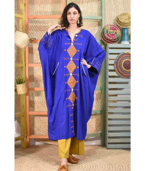 Elictric Blue Siwa Embroidered Linen Kaftan handmade in Egypt & available at Jozee boutique