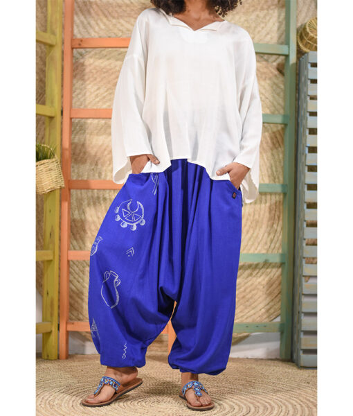 Blue Hand Painted Harem Pants made in Egypt & available at Jozee boutique