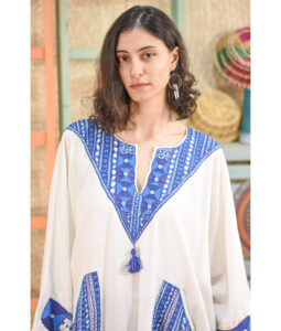 White Siwa Embroidered Linen Kaftan handmade in Egypt & available at Jozee boutique