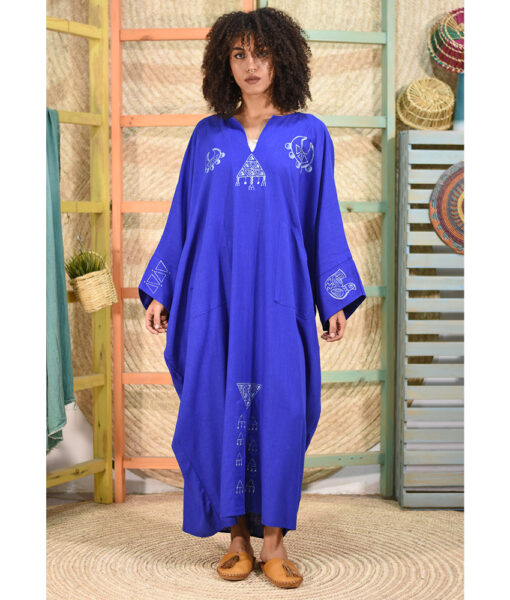 Electric Blue Hand Painted Linen Kaftan Handmade in Egypt & available at Jozee Boutique