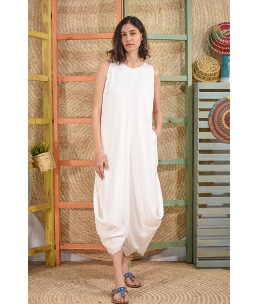 White Linen Tent Dress With Side Buttons handmade in Egypt & available at Jozee boutique