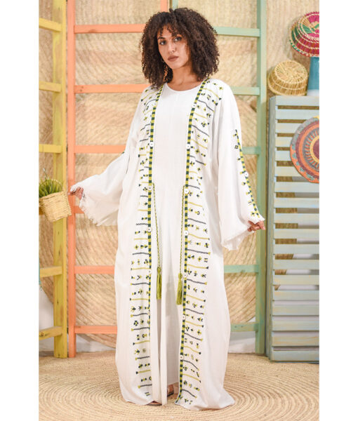 White Siwa Embroidered Handwoven Linen Cardigan handmade in Egypt & available at Jozee boutique