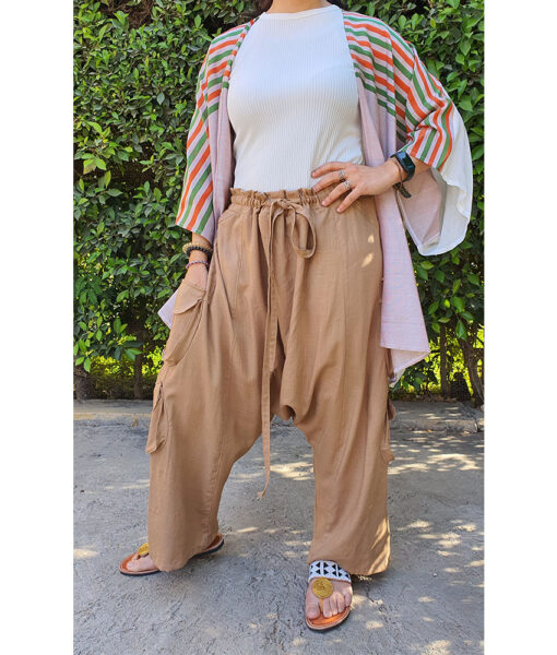 Dark Beige Linen Baggy Harem Pants handmade in Egypt & available in Jozee Boutique