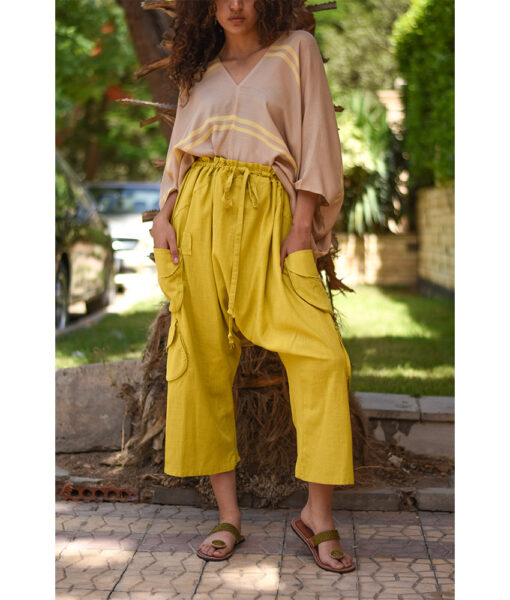 Mustard Linen Baggy Harem Pants handmade in Egypt & available in Jozee Boutique