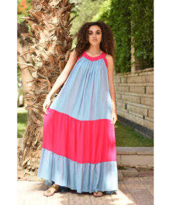 Blue & Fuchsia Flowy Viscose Dress handmade in Egypt & available in Jozee boutique