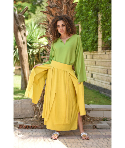 Mustard Linen Slices Skirt handmade in Egypt & available at Jozee boutique