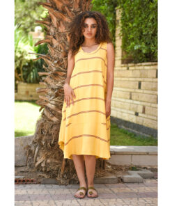 Yellow & Purple Viscose Midi Sleeveless Dress Handmade in Egypt & available in Jozee boutique