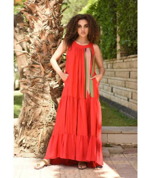 Red Flowy Viscose Dress handmade in Egypt & available in Jozee boutique