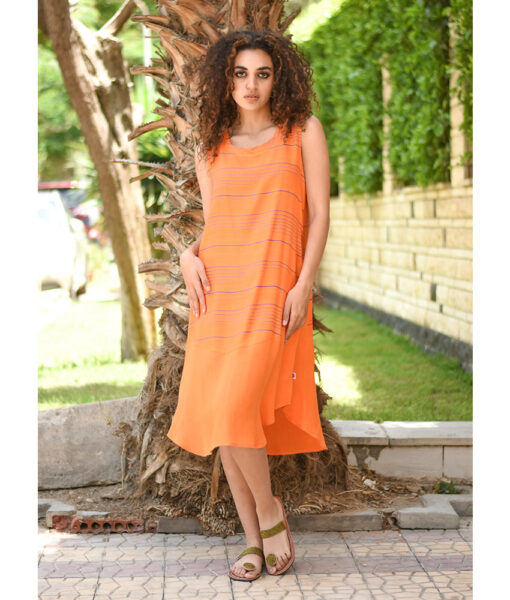 Orange & blue Viscose Midi Sleeveless Dress Handmade in Egypt & available in Jozee boutique