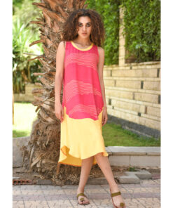 Yellow & Fuchsia Viscose Midi Sleeveless Dress Handmade in Egypt & available in Jozee boutique