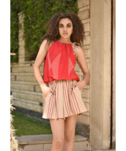 Beige & Red Adjustable Viscose Short Jumpsuit handmade in Egypt & available in Jozee boutique