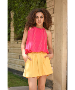 Fuchsia & Yellow Adjustable Viscose Short Jumpsuit handmade in Egypt & available in Jozee boutique