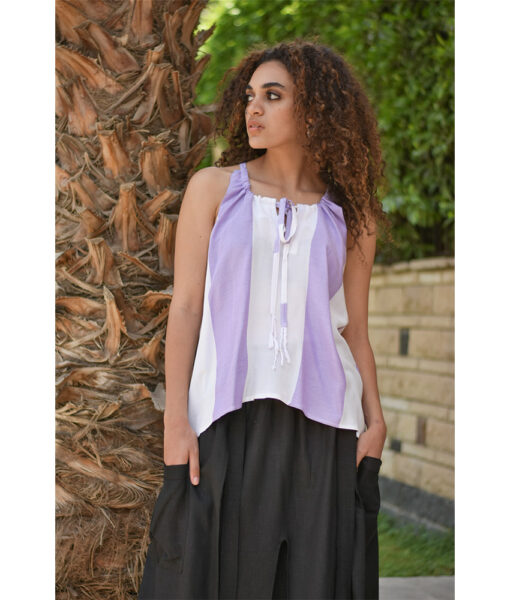 White & Violet Viscose Rope Top Handwoven Viscose Top Handmade in Egypt & available in Jozee boutique