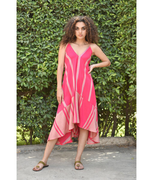 Fuchsia & Beige Backless Viscose Midi Dress made in Egypt & available in Jozee boutique