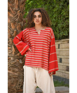 Red & Beige Handwoven Viscose Top Handmade in Egypt & available in Jozee boutique