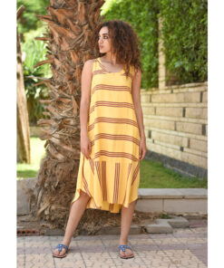 Yellow & Brown Viscose Midi Sleeveless Dress Handmade in Egypt & available in Jozee boutique