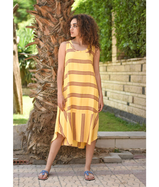 Yellow & Brown Viscose Midi Sleeveless Dress Handmade in Egypt & available in Jozee boutique