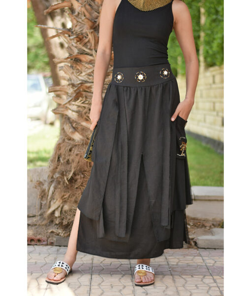 Black Embroidered Linen Slices Skirt handmade in Egypt & available in Jozee boutique