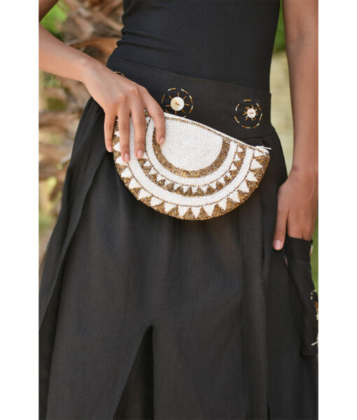 White & Gold Beaded Clutch handmade in Egypt & available at Jozee Boutique.