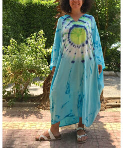 Turquoise & Green Tie Dyed Kaftan handmade in Egypt & available in Jozee boutique