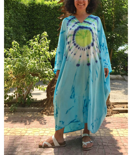 Turquoise & Green Tie Dyed Kaftan handmade in Egypt & available in Jozee boutique