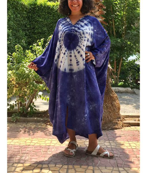 Navy Blue & White Tie Dyed Kaftan handmade in Egypt & available in Jozee boutique