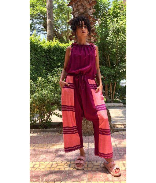 Purple & Saumon Adjustable Viscose Jumpsuit handmade in Egypt & available in Jozee boutique