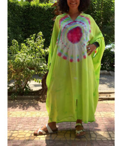 Lime Green & Pink Tie Dyed Kaftan handmade in Egypt & available in Jozee boutique